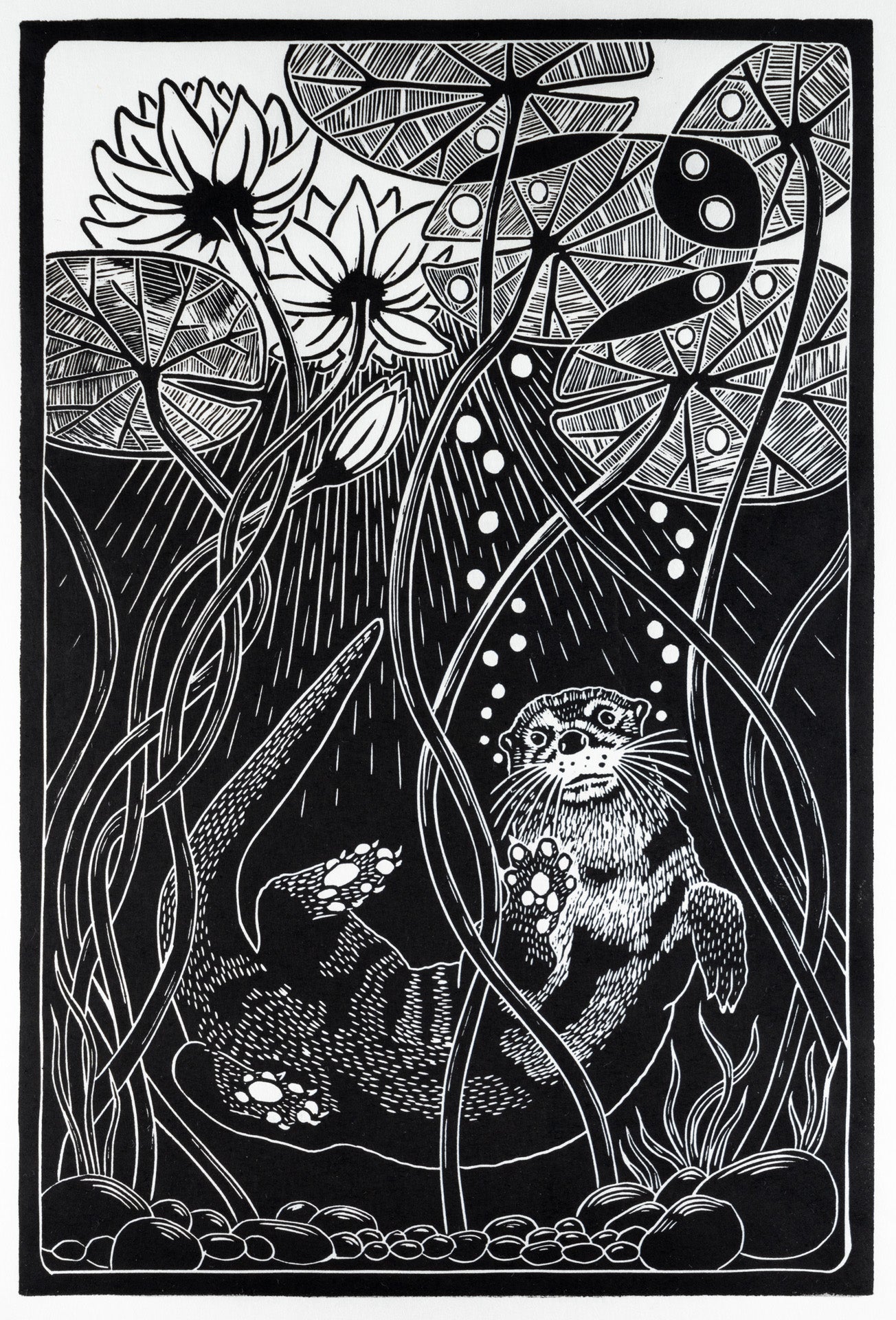 UNDER THE LILYPADS HAND CARVED BLOCK PRINT 12 X 18