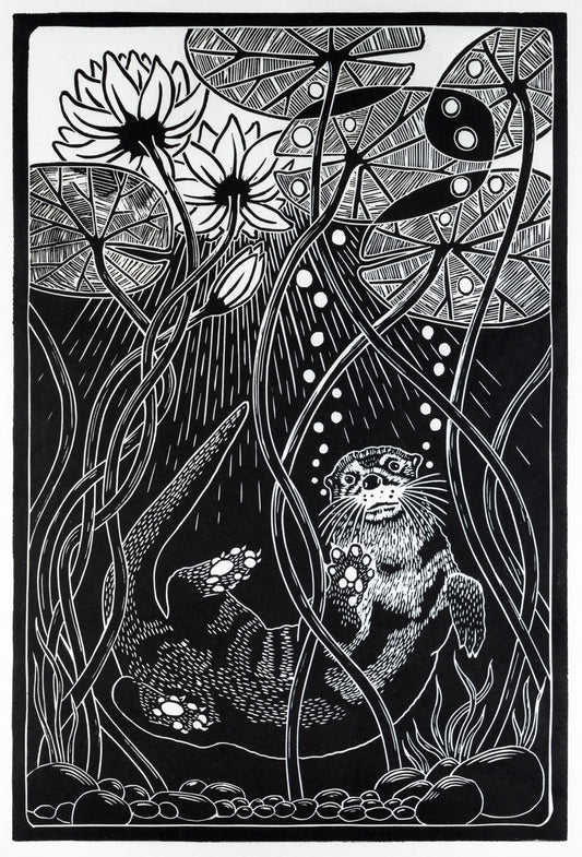 UNDER THE LILYPADS HAND CARVED BLOCK PRINT 12 X 18