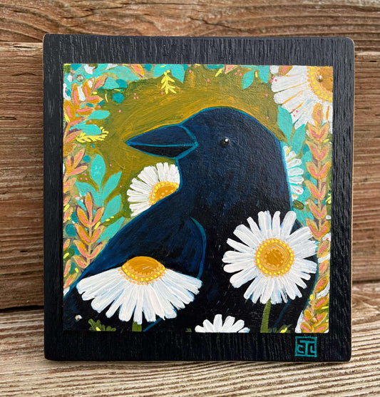 CROW IN THE DAISIES PAINTING Acrylic